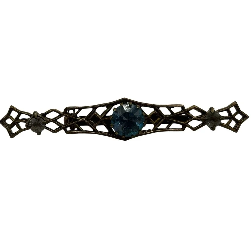 Vintage Bar Brooch Blue Rhinestones Filigree Open Work Ornate Gold Tone Art Deco